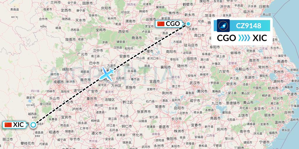 CZ9148 China Southern Airlines Flight Map: Zhengzhou to Xichang