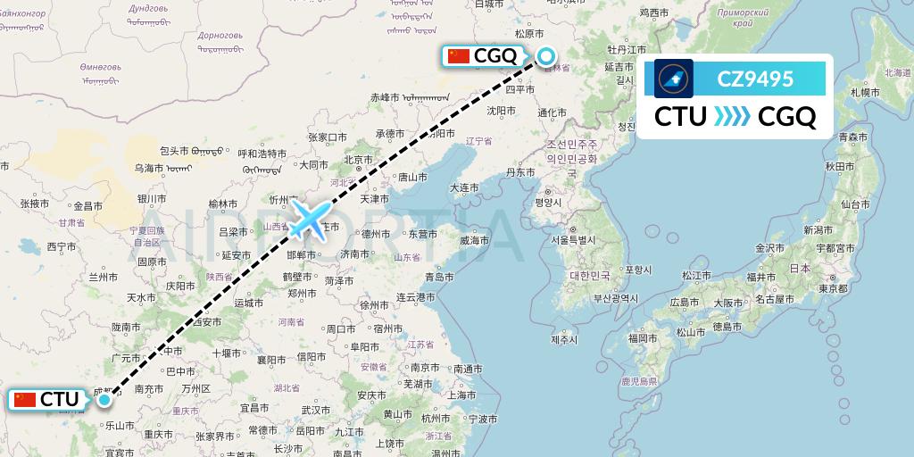 CZ9495 China Southern Airlines Flight Map: Chengdu to Changchun