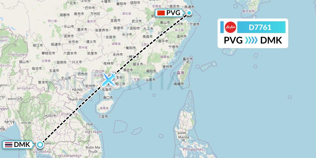D7761 AirAsia X Flight Map: Shanghai to Bangkok