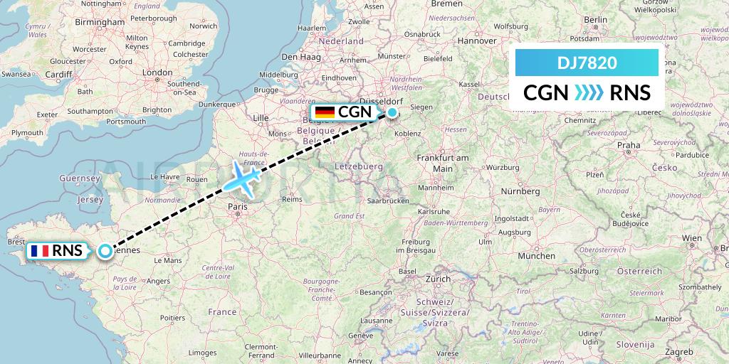 DJ7820 Air Djibouti Flight Map: Cologne to Rennes