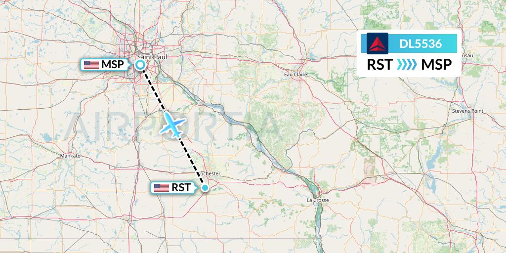 DL5536 Delta Air Lines Flight Map: Rochester to Minneapolis