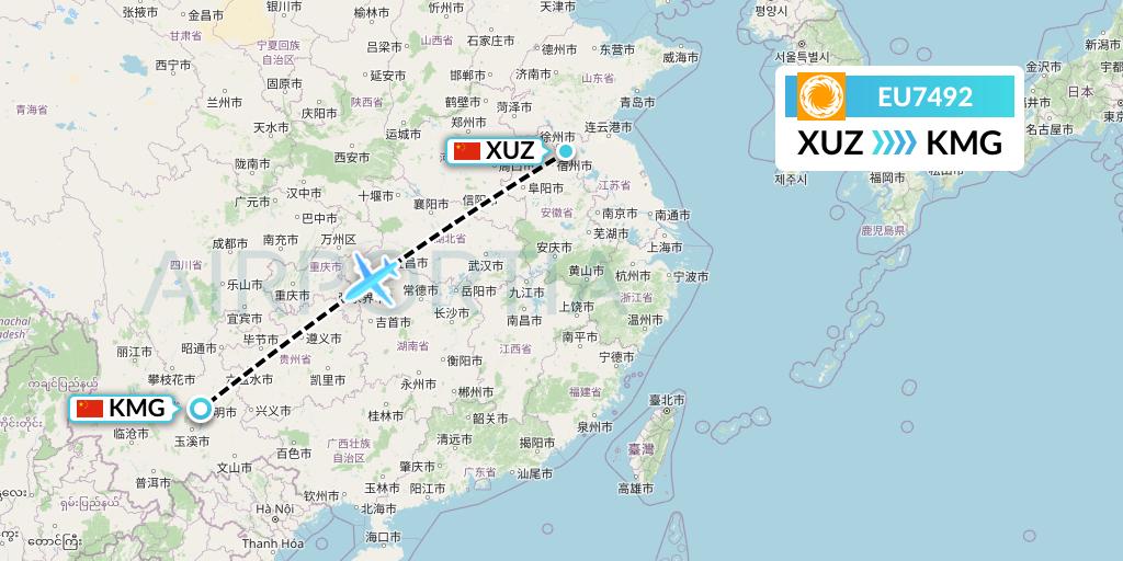 EU7492 Chengdu Airlines Flight Map: Xuzhou to Kunming