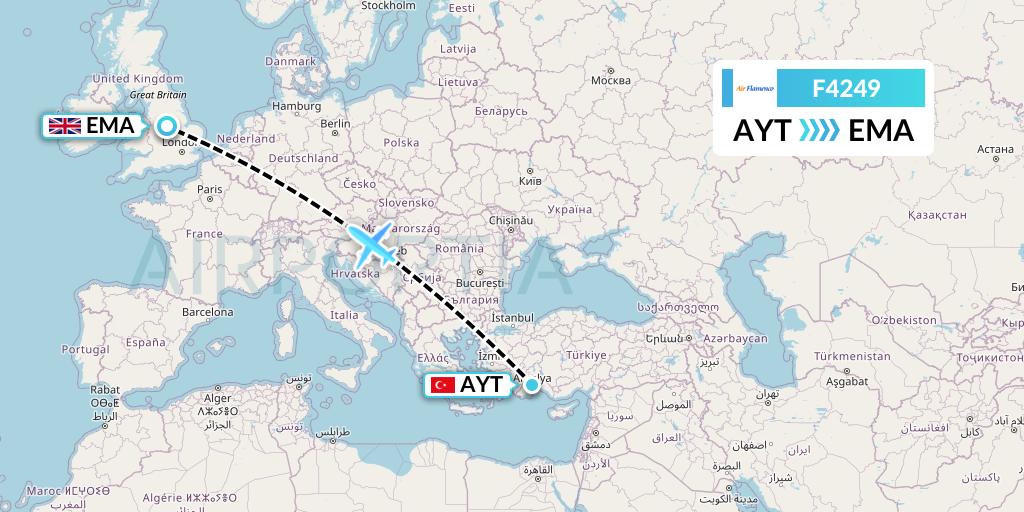 F4249 Air Flamenco Flight Map: Antalya to East Midlands