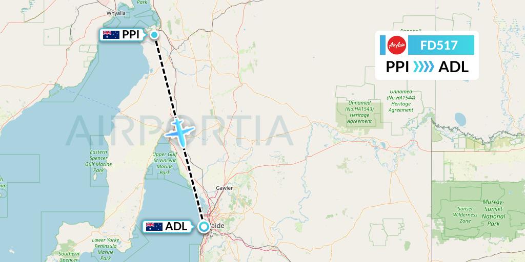 FD517 Thai AirAsia Flight Map: Port Pirie to Adelaide