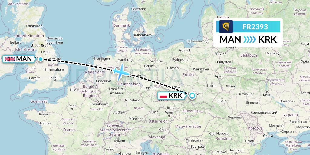 FR2393 Ryanair Flight Map: Manchester to Krakow