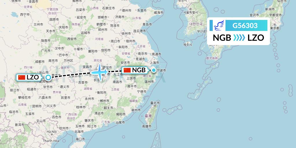 G56303 China Express Airlines Flight Map: Ningbo to Luzhou