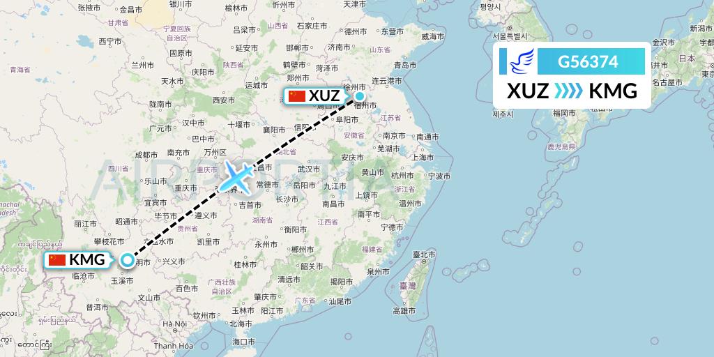 G56374 China Express Airlines Flight Map: Xuzhou to Kunming