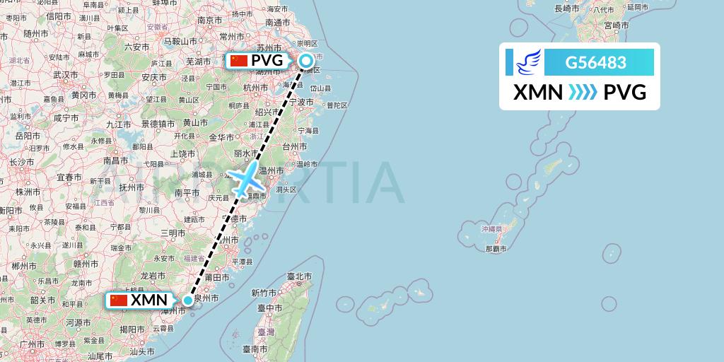G56483 China Express Airlines Flight Map: Xiamen to Shanghai