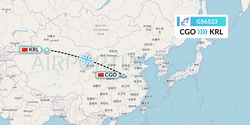 G56523 China Express Airlines Flight Map: Zhengzhou to Korla