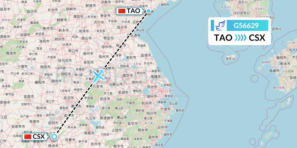 G56629 China Express Airlines Flight Map: Qingdao to Changsha