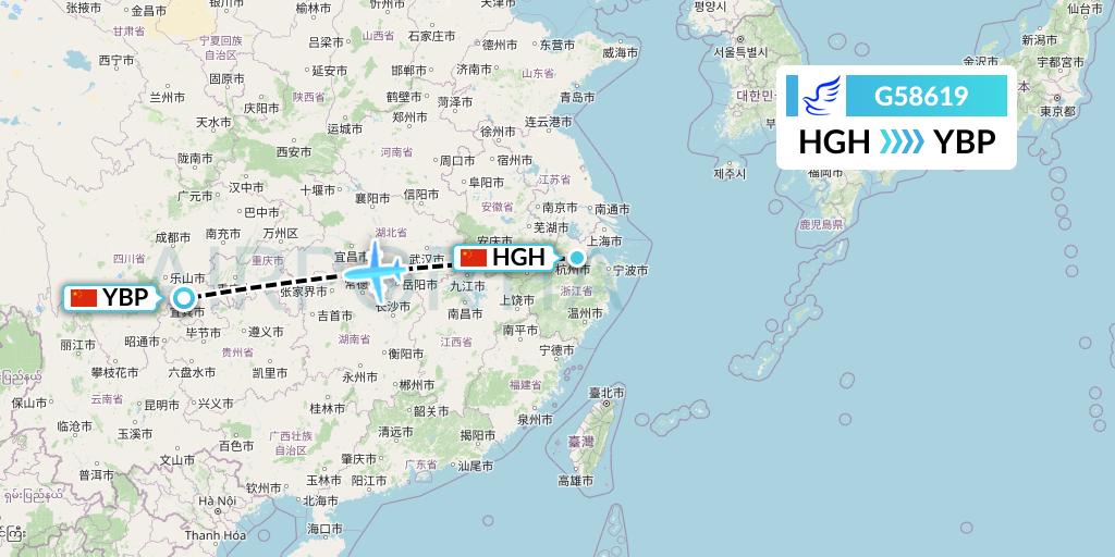 G58619 China Express Airlines Flight Map: Hangzhou to Yibin
