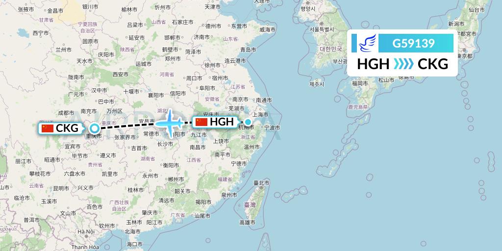 G59139 China Express Airlines Flight Map: Hangzhou to Chongqing