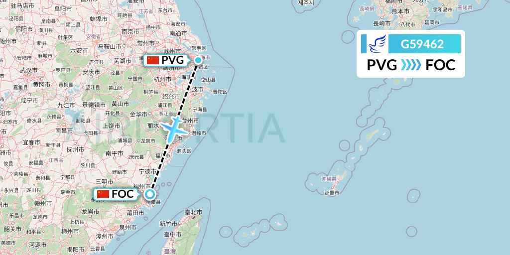 G59462 China Express Airlines Flight Map: Shanghai to Fuzhou