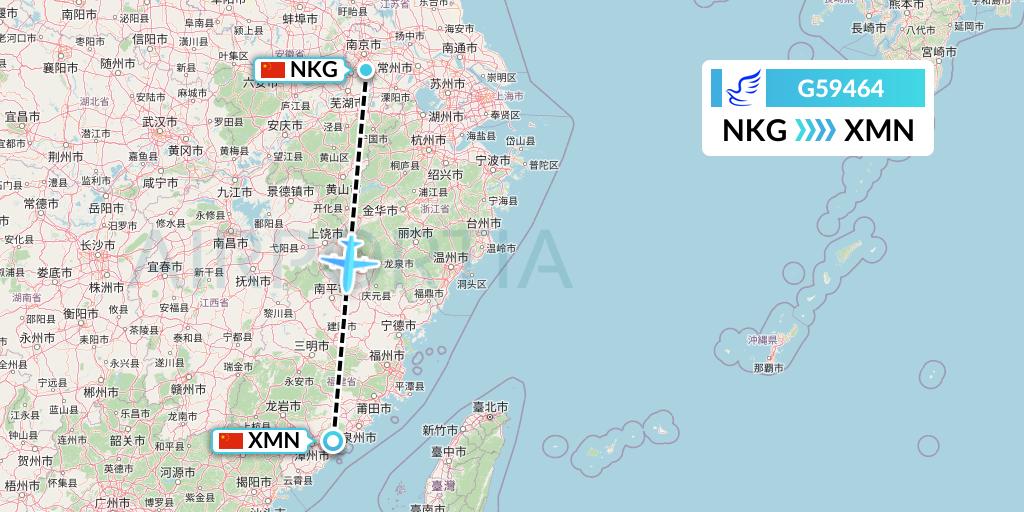 G59464 China Express Airlines Flight Map: Nanjing to Xiamen