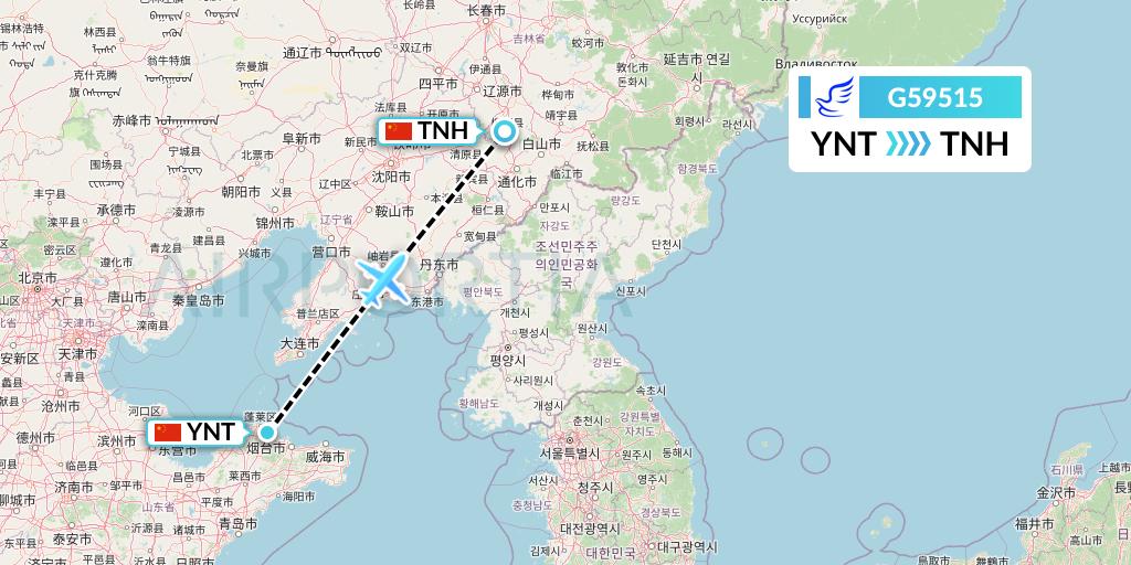 G59515 China Express Airlines Flight Map: Yantai to Tonghua