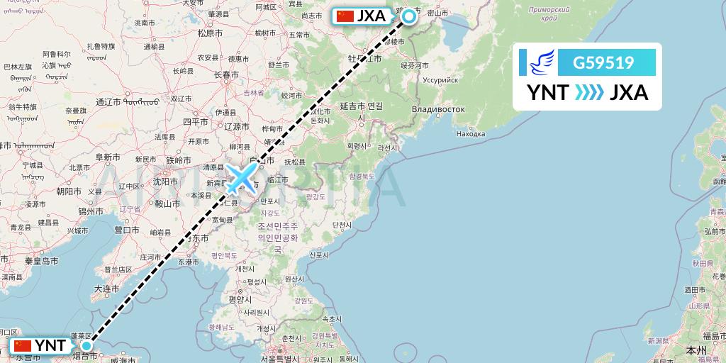 G59519 China Express Airlines Flight Map: Yantai to Jixi