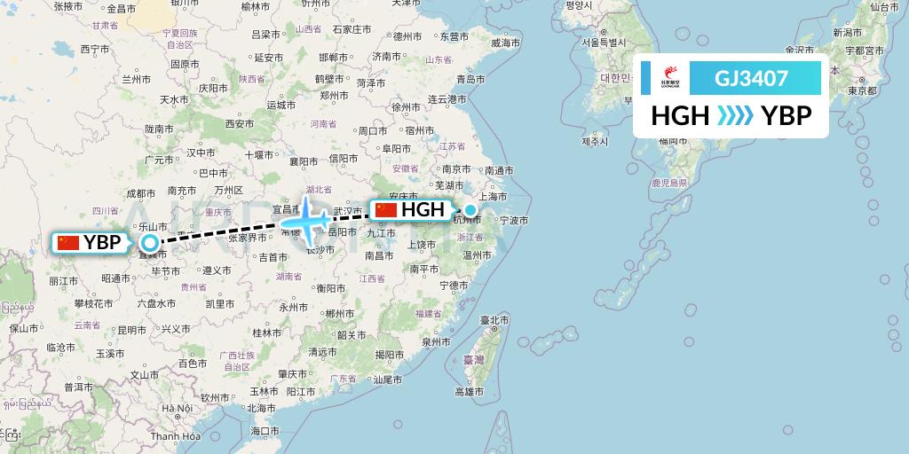GJ3407 Loong Airlines Flight Map: Hangzhou to Yibin