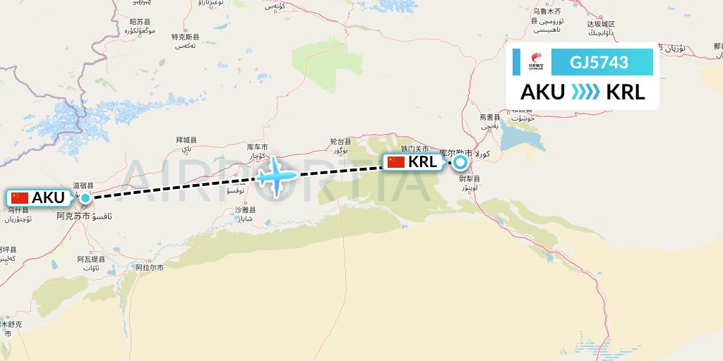 GJ5743 Loong Airlines Flight Map: Aksu to Korla