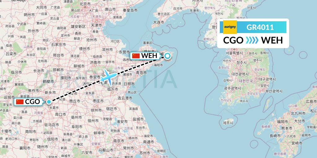 GR4011 Aurigny Air Services Flight Map: Zhengzhou to Weihai