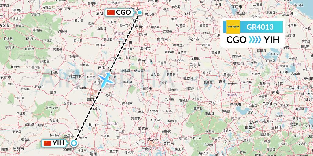 GR4013 Aurigny Air Services Flight Map: Zhengzhou to Yichang
