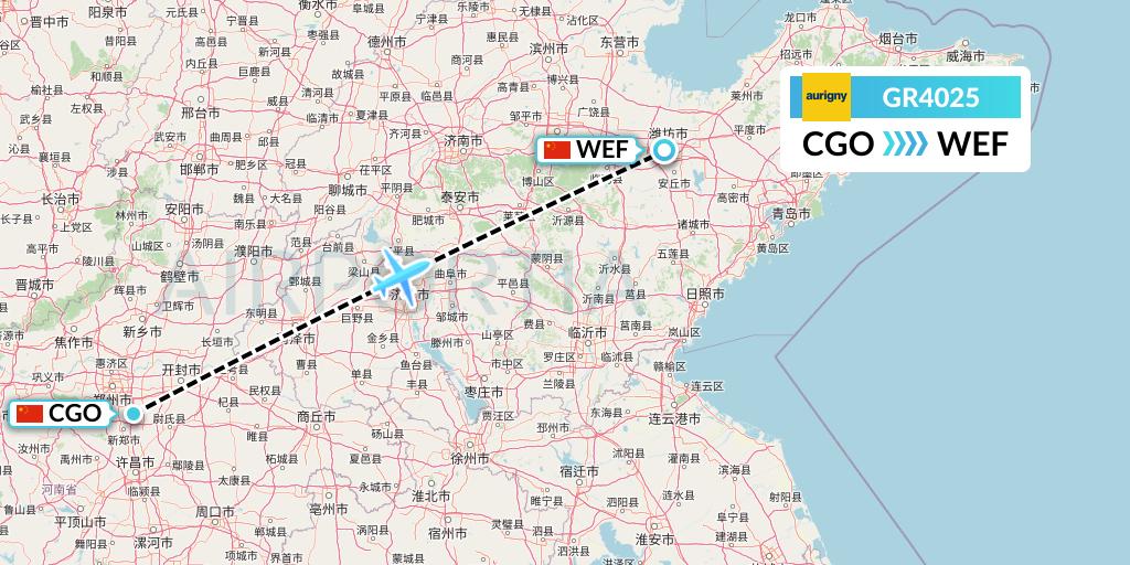 GR4025 Aurigny Air Services Flight Map: Zhengzhou to Weifang