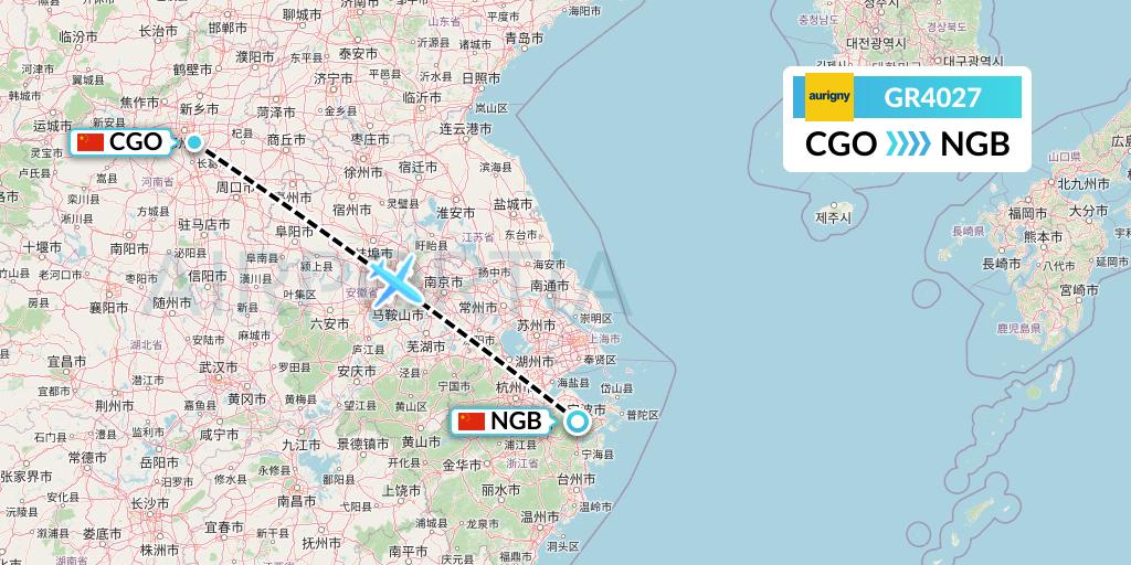 GR4027 Aurigny Air Services Flight Map: Zhengzhou to Ningbo