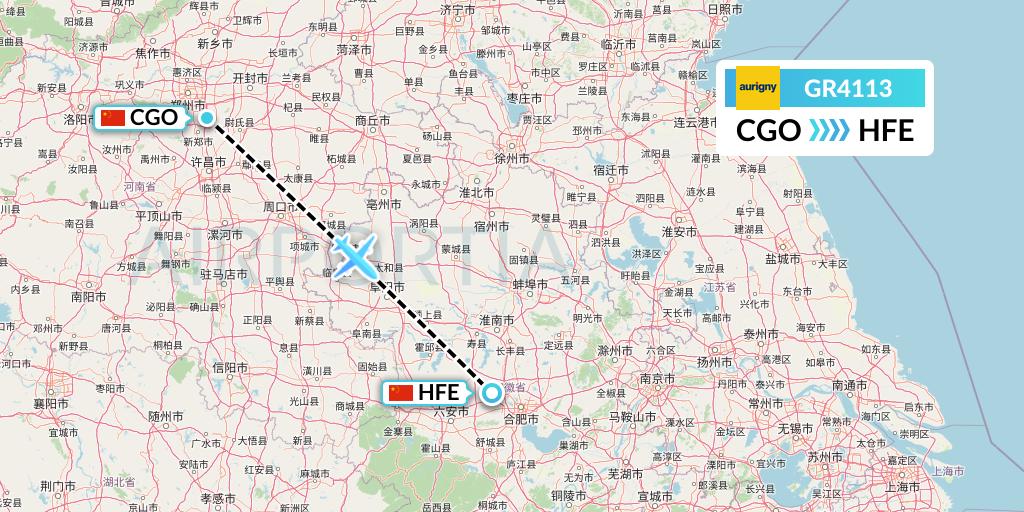 GR4113 Aurigny Air Services Flight Map: Zhengzhou to Hefei