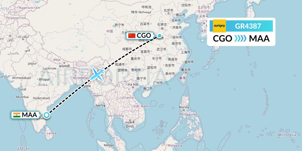 GR4387 Aurigny Air Services Flight Map: Zhengzhou to Chennai