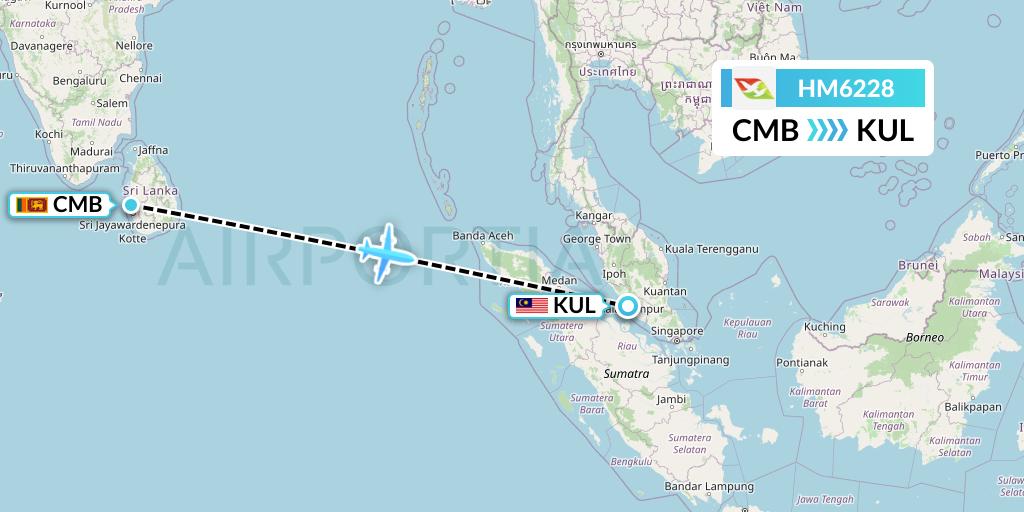 HM6228 Air Seychelles Flight Map: Colombo to Kuala Lumpur