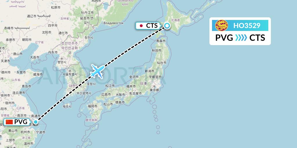 HO3529 Juneyao Airlines Flight Map: Shanghai to Sapporo