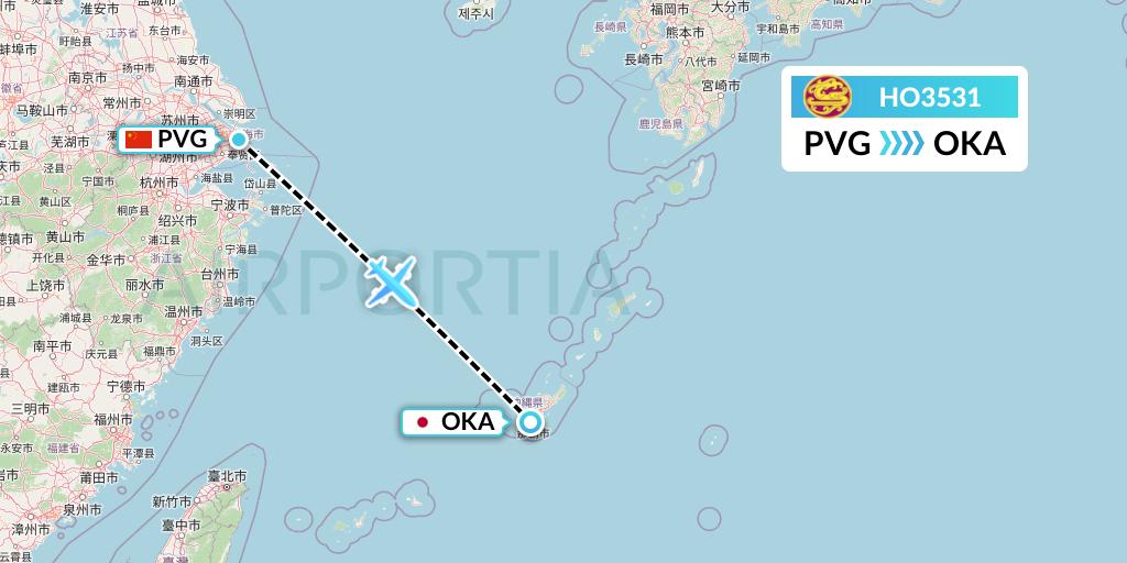 HO3531 Juneyao Airlines Flight Map: Shanghai to Naha