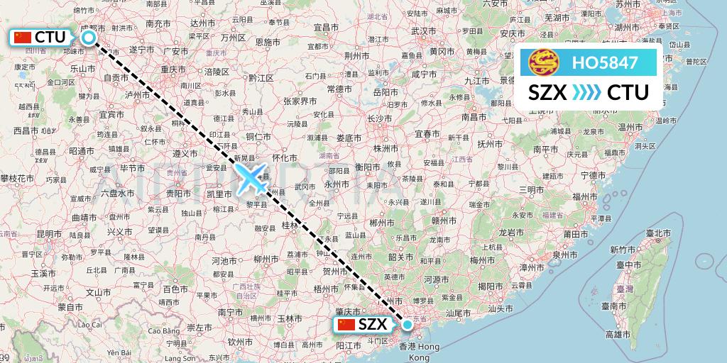HO5847 Juneyao Airlines Flight Map: Shenzhen to Chengdu