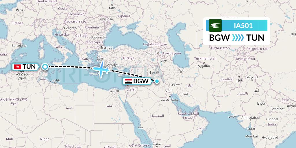 IA501 Iraqi Airways Flight Map: Baghdad to Tunis