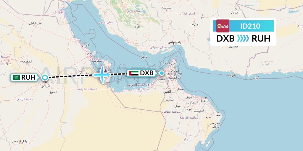 ID210 Batik Air Flight Map: Dubai to Riyadh
