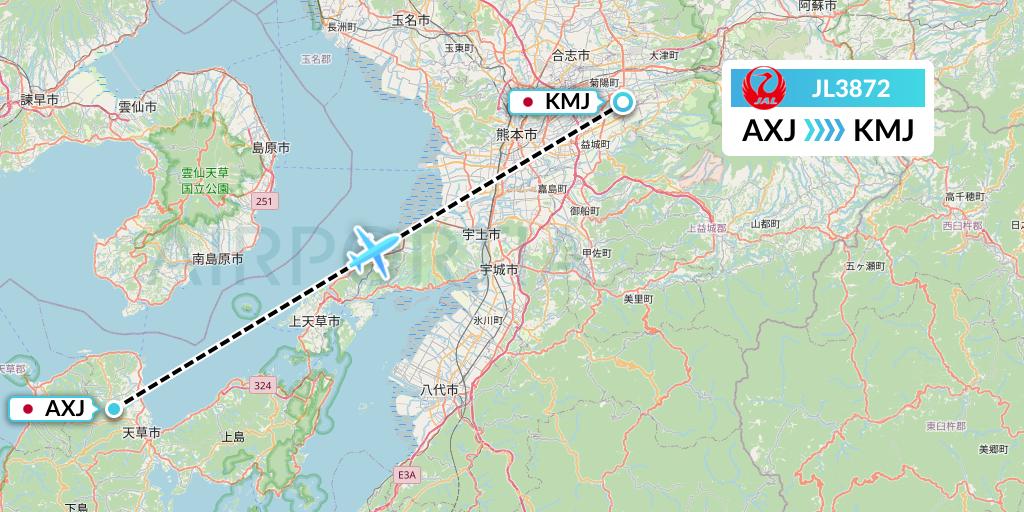 JL3872 Japan Airlines Flight Map: Amakusa to Kumamoto