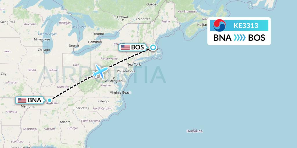 KE3313 Korean Air Flight Map: Nashville to Boston