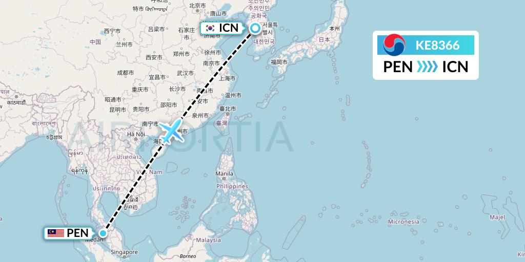 KE8366 Korean Air Flight Map: Penang to Seoul