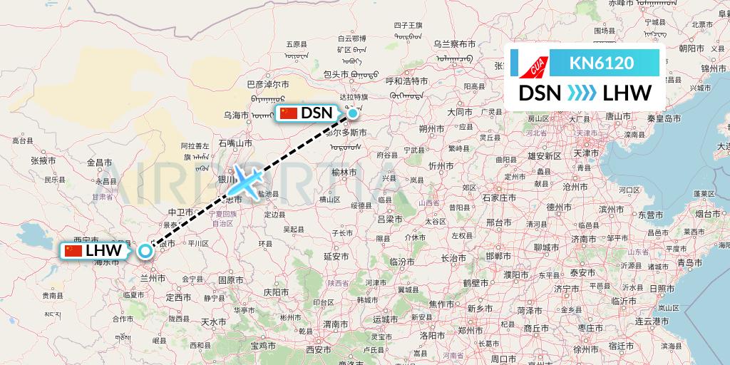KN6120 China United Airlines Flight Map: Dongsheng to Lanzhou