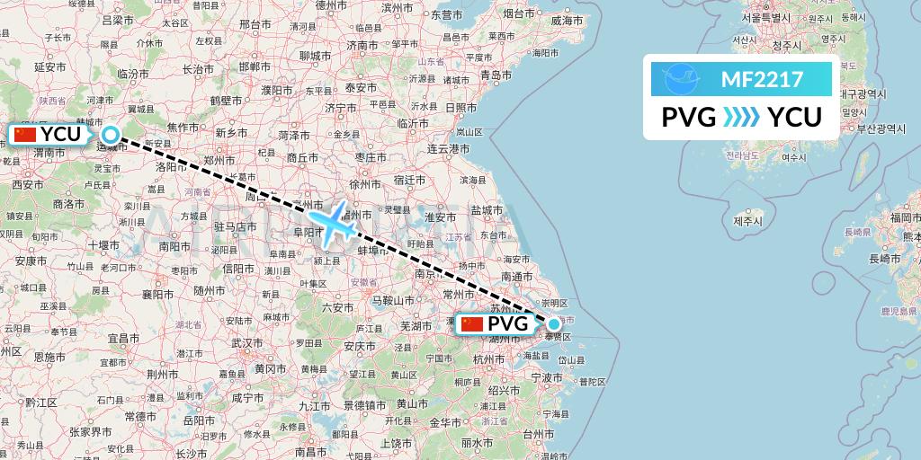MF2217 Xiamen Airlines Flight Map: Shanghai to Yuncheng
