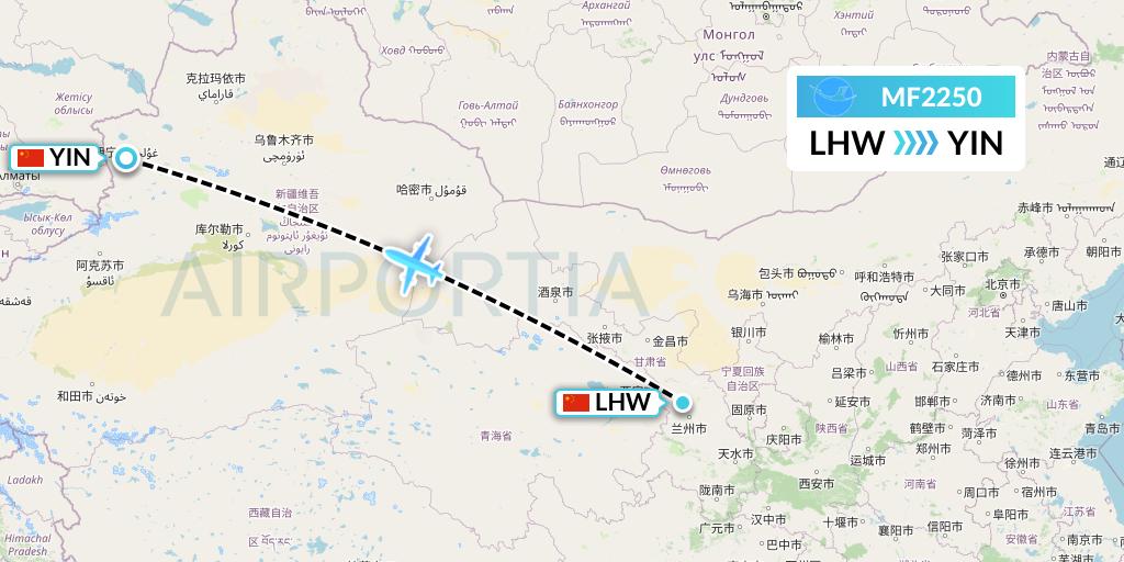 MF2250 Xiamen Airlines Flight Map: Lanzhou to Yining