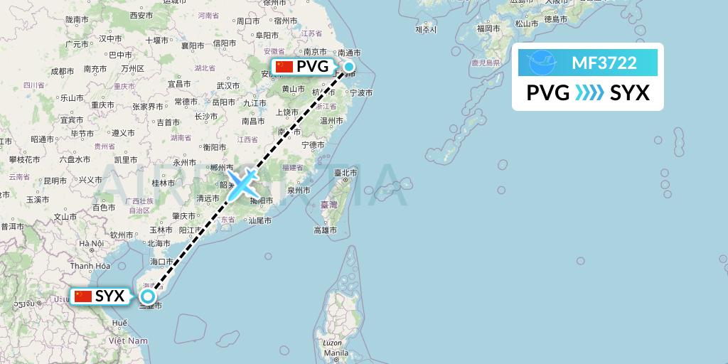 MF3722 Xiamen Airlines Flight Map: Shanghai to Sanya