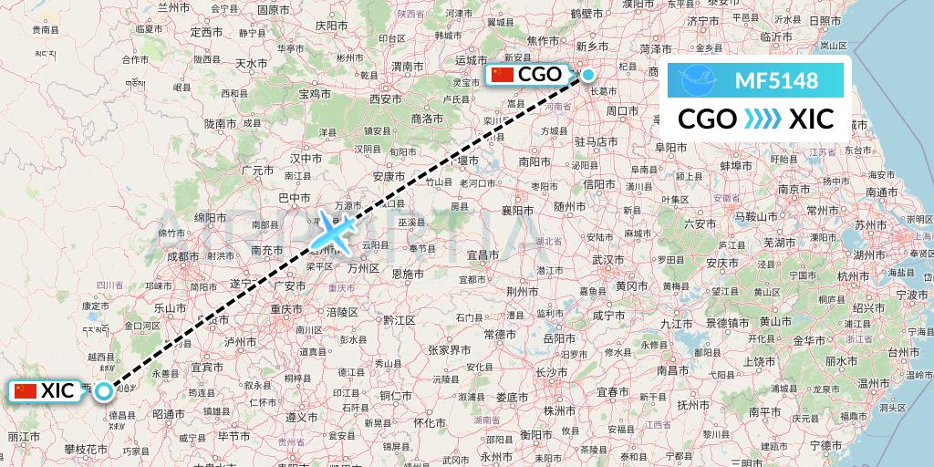 MF5148 Xiamen Airlines Flight Map: Zhengzhou to Xichang