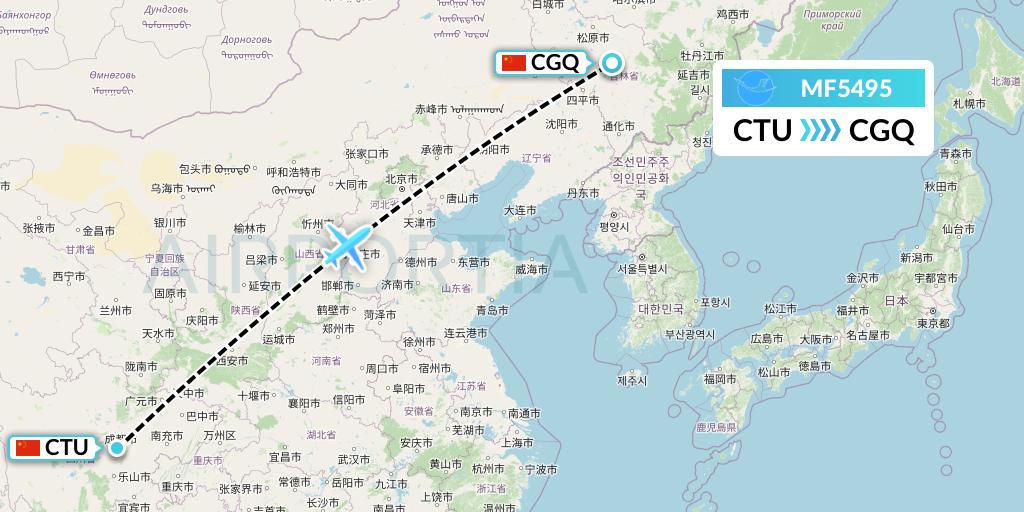 MF5495 Xiamen Airlines Flight Map: Chengdu to Changchun