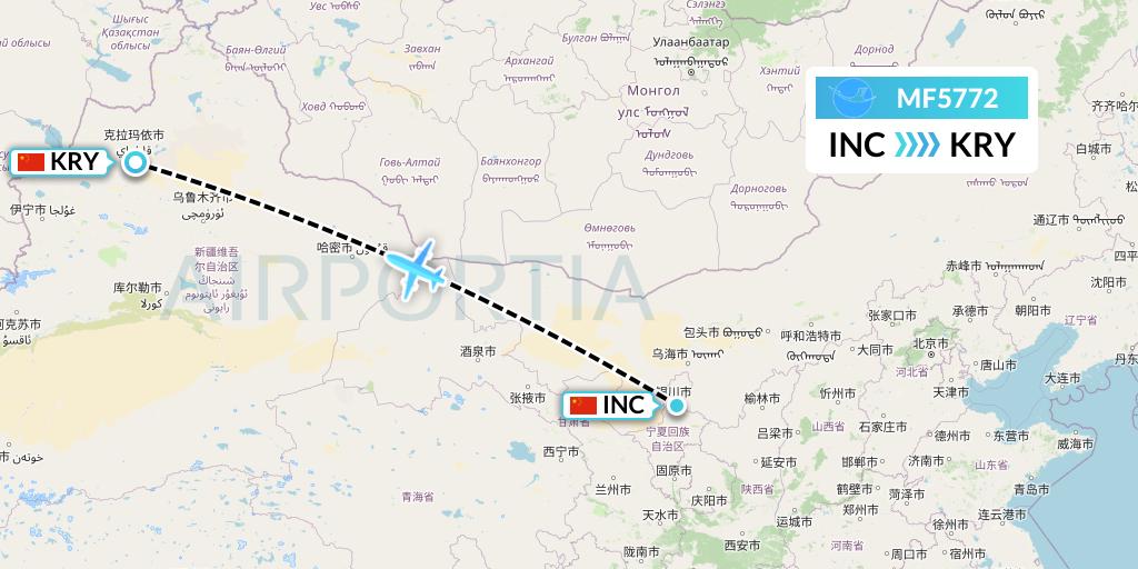 MF5772 Xiamen Airlines Flight Map: Yinchuan to Karamay