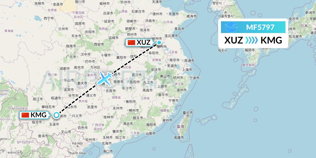 MF5797 Xiamen Airlines Flight Map: Xuzhou to Kunming