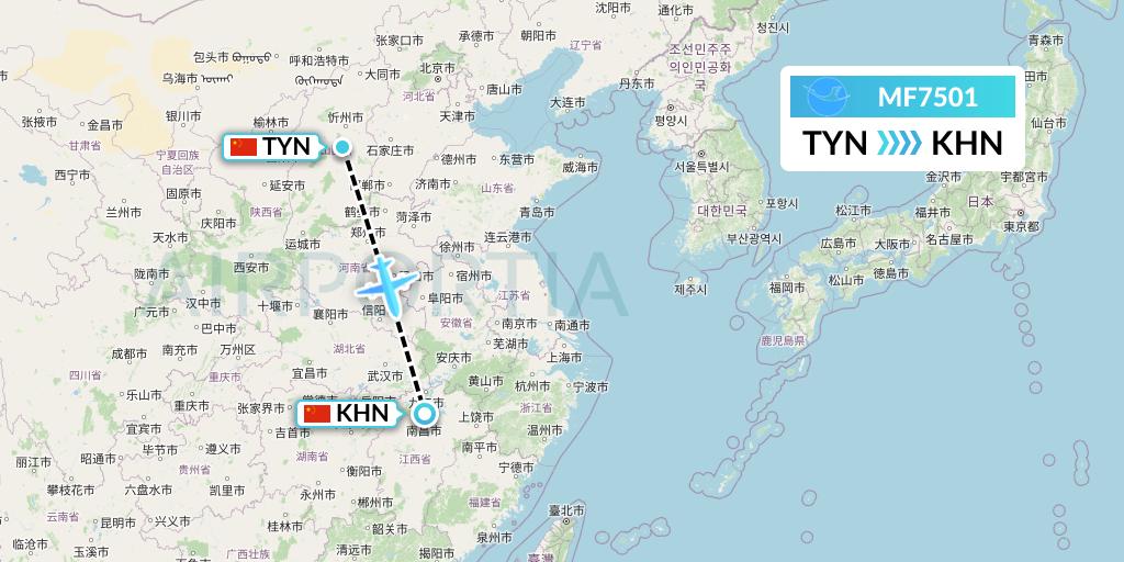 MF7501 Xiamen Airlines Flight Map: Taiyuan to Nanchang