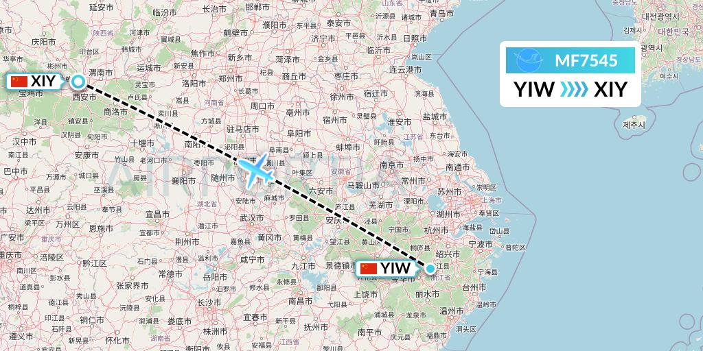 MF7545 Xiamen Airlines Flight Map: Yiwu to Xi'an
