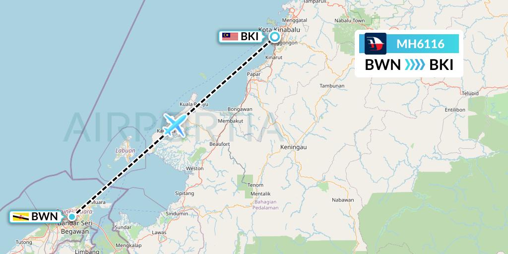 MH6116 Malaysia Airlines Flight Map: Brunei to Kota Kinabalu