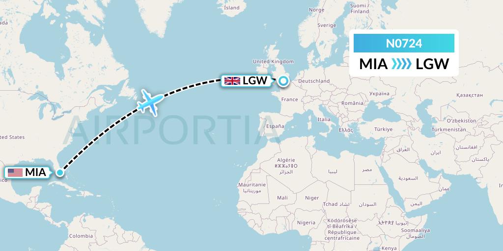 N0724 Norse Atlantic Airways Flight Map: Miami to London