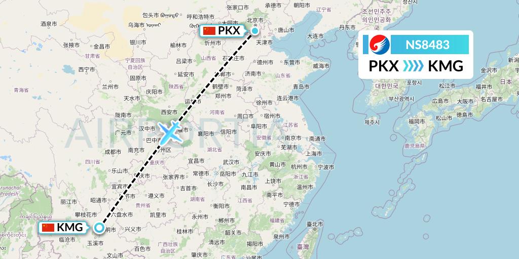 NS8483 Hebei Airlines Flight Map: Beijing to Kunming